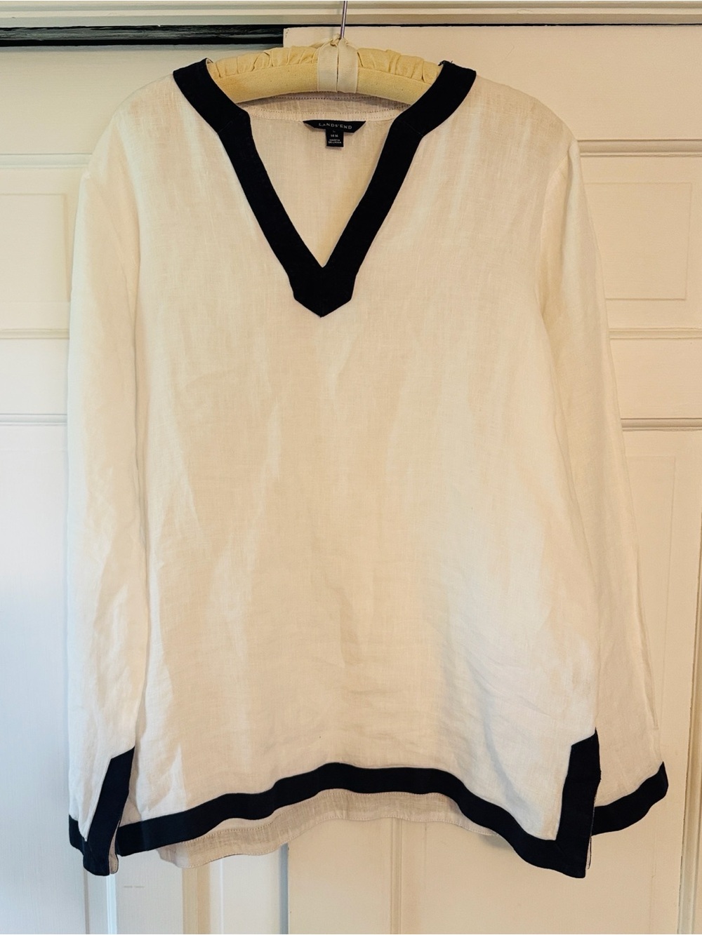 Lands’ End Linen V-Neck Tunic with Navy Trim